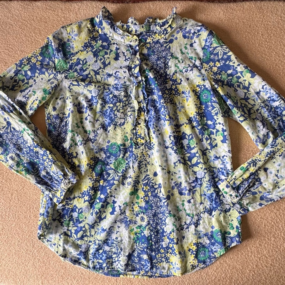 Talbots Blue, Green & Yellow Floral Ruffle-Neck Blouse